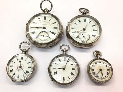 Lot 682 - Two silver cased pocket watches and three silver cased fob watches (5)