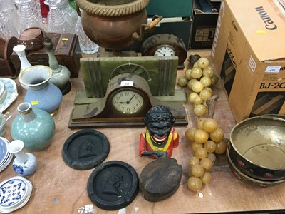 Lot 431 - Copper Samouvar together with three clocks, a reproduction money box, silver plated dishes and carved stone grapes