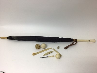 Lot 229 - Quantity of ivory and bone, including two ivory billiard balls, a Chinese puzzle ball, umbrella, etc