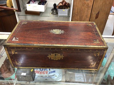 Lot 631 - Large 19th century brass-bound rosewood campaign-style writing slope, with monogrammed ivory and silver dressing table items inside