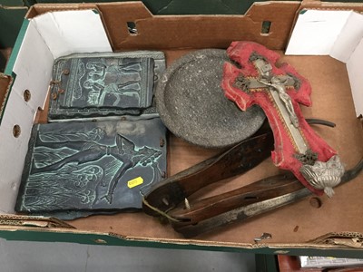 Lot 409 - Two boxes of sundries to include 'Dogs must be kept on lead' sign, copper mask, plaques and sundries