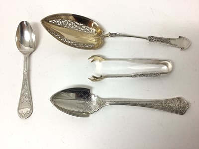 Lot 230 - Four pieces of Gorham sterling silver, including an 1872 Corinthian pattern serving spoon, another spoon, a tea spoon and a pair of sugar nips