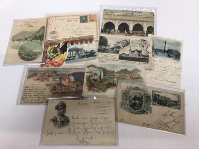 Lot 1405 - Postcards- World selection loose in shoe box.  Many early cards including black and white and coloured vignettes, undivided backs, 1890's and early 1900's, real photographic cards, town and village...