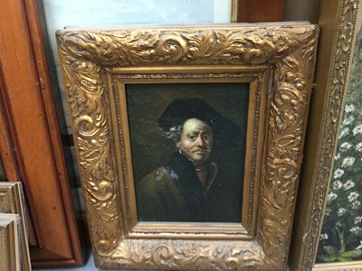 Lot 27 - Oil on canvas- classical figure in a garden, signed H. Esser 46, together with an oil on canvas of a gentleman and other pictures and prints.