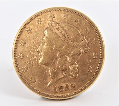 Lot 410 - U.S. - Gold Liberty $20 (Double eagle) 1852 (N.B. Obv: Reverse field marks & scratches noted) otherwise AVF (1 coin)