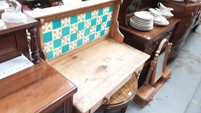 Lot 840 - Old pine washstand with tiled back and drawer below on turned legs