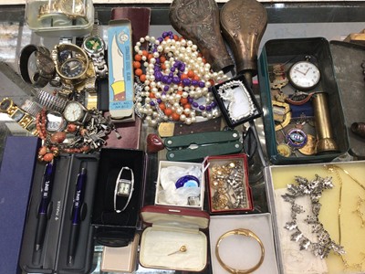 Lot 699 - Costume jewellery, wristwatches,  15ct gold stick pin, military pocket watch, two powder flasks and sundries