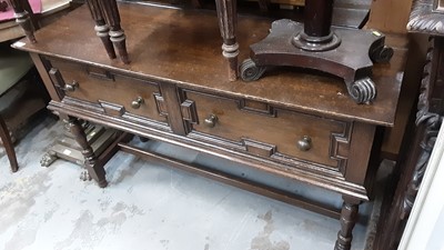 Lot 1080 - Good quality oak sideboard with two drawers and geometric moulded decoration on turned legs joined by stretchers