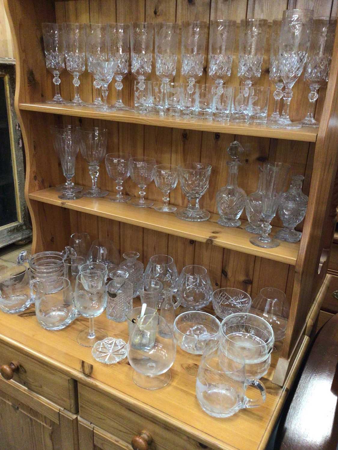 Lot 635 - Quantity of antique and later glassware, including a Georgian cut glass ringer, a set of etched wine glasses, decanters, etc