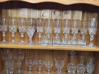 Lot 635 - Quantity of antique and later glassware, including a Georgian cut glass ringer, a set of etched wine glasses, decanters, etc