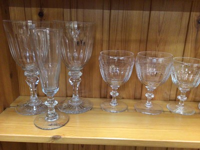 Lot 635 - Quantity of antique and later glassware, including a Georgian cut glass ringer, a set of etched wine glasses, decanters, etc