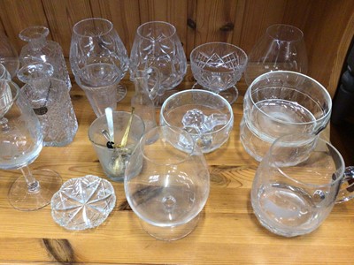 Lot 635 - Quantity of antique and later glassware, including a Georgian cut glass ringer, a set of etched wine glasses, decanters, etc