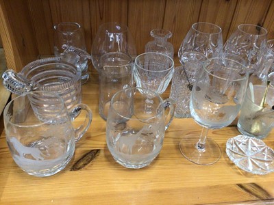 Lot 635 - Quantity of antique and later glassware, including a Georgian cut glass ringer, a set of etched wine glasses, decanters, etc