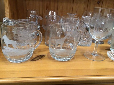 Lot 635 - Quantity of antique and later glassware, including a Georgian cut glass ringer, a set of etched wine glasses, decanters, etc