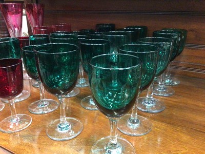 Lot 79 - Collection of Victorian green and cranberry coloured wine glasses, together with six Bohemian cut glasses