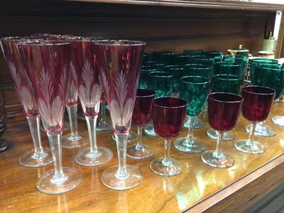 Lot 79 - Collection of Victorian green and cranberry coloured wine glasses, together with six Bohemian cut glasses