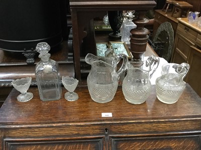 Lot 471 - Three 19th century cut glass jugs, pair of salts a decanter.