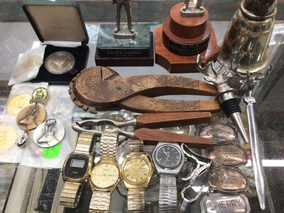 Lot 708 - Three silver spirit labels, wristwatches, two shooting trophies and stag related items