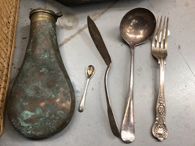 Lot 477 - Quantity of sundries, including a small amount of silver and silver plate, a Negretti & Zambra barometer, printing block, copper powder flask, etc