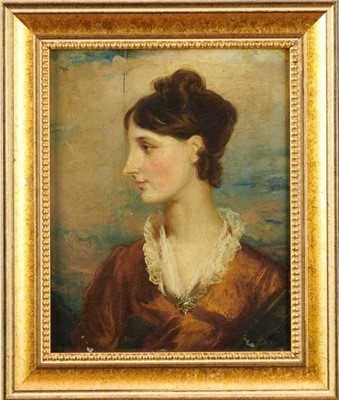 Lot 976 - Circle of John Constable RA (1776-1837) oil on panel, Portrait Bust of a Young Woman in profile c.1817, in a gilt frame