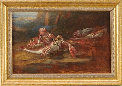 Lot 1229 - French School, early 20th Century, oil on panel, Still Life with Red Gurnards