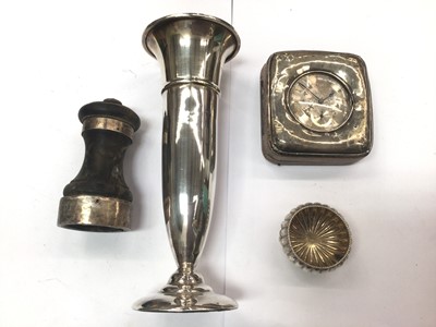 Lot 715 - Silver spill vase, silver salt, silver mounted wooden pepper grinder and silver cased pocket watch in silver holder