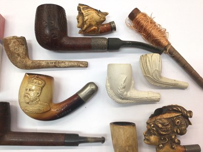 Lot 121 - Collection of old pipes and two packets of cigarettes within a Cuban cigar box