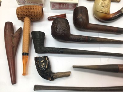 Lot 121 - Collection of old pipes and two packets of cigarettes within a Cuban cigar box