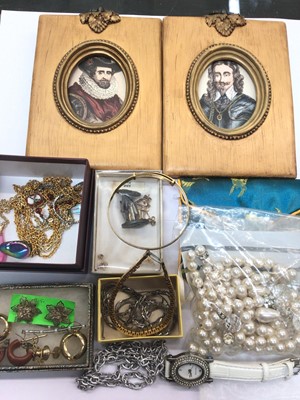 Lot 721 - Costume jewellery and bijouterie including gold plated christening bangle, wristwatch and two portrait miniatures