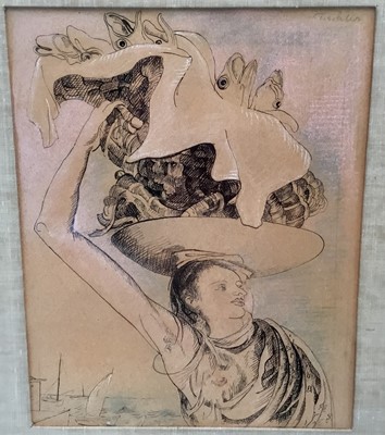 Lot 73 - Victor Tischler (1890-1951) pen and wash, signed - woman holding a catch