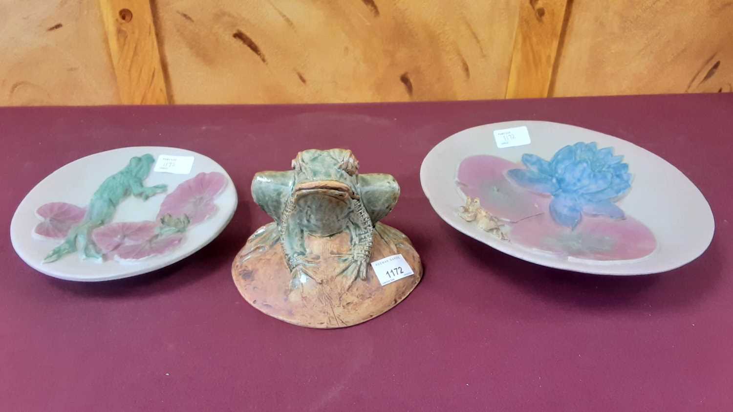 Lot 1172 - Bernard Rooke pottery model of a frog together with two Bernard Rooke dishes