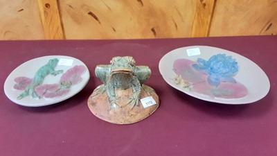 Lot 1172 - Bernard Rooke pottery model of a frog together with two Bernard Rooke dishes