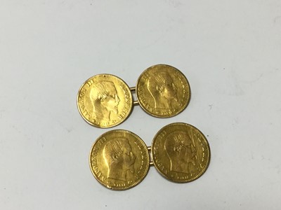 Lot 438 - France - Gold 5 Franc coins of Napoleon III circa 1856-60 x 4 formed into cufflinks with adjoining 9ct gold links (Total wt. 7.5gms) (4 coins)