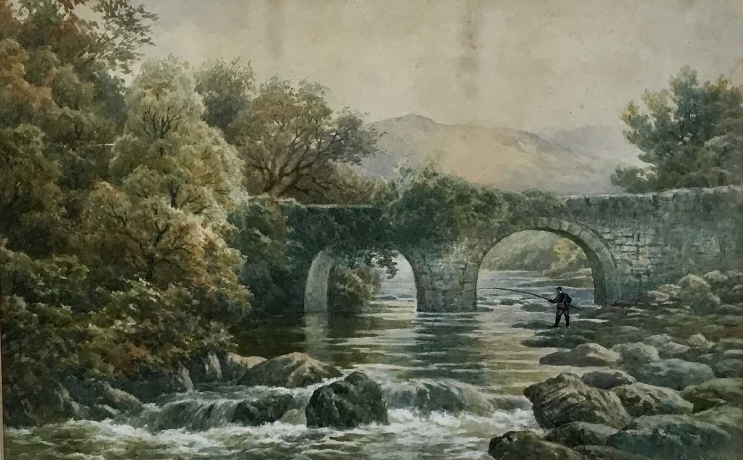 Lot 95 - R. Harwood 19th century watercolour and another - fisherman in a pool by a bridge and cattle crossing (2)