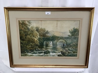 Lot 147 - R. Harwood 19th century watercolour and another - fisherman in a pool by a bridge and cattle crossing (2)