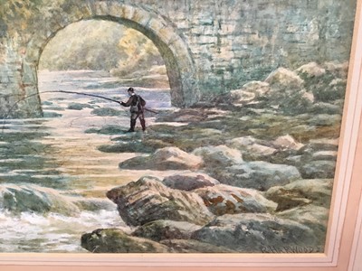 Lot 147 - R. Harwood 19th century watercolour and another - fisherman in a pool by a bridge and cattle crossing (2)