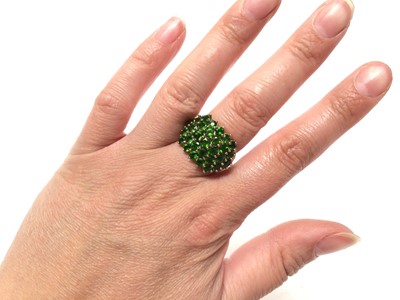 Lot 104 - 9ct gold synthetic green stone cluster ring