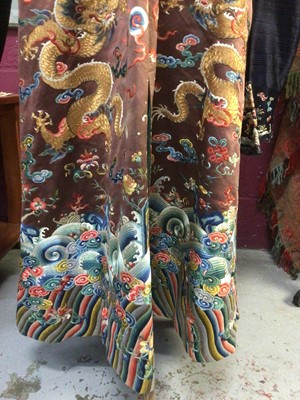 Lot 2057 - 19th Century Chinese embroidered brown silk robe with Horse Hoof cuffs, five Dragons and pale blue silk lining.