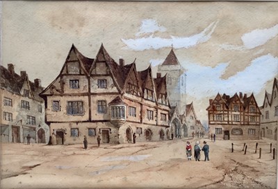 Lot 17 - Samuel Read (1815-1881) watercolour - 'Old Houses in Dinan' Brittany, signed, Ipswich exhibition 1883 label verso, 36cm x 25cm in glazed frame