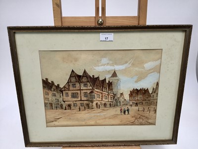 Lot 17 - Samuel Read (1815-1881) watercolour - 'Old Houses in Dinan' Brittany, signed, Ipswich exhibition 1883 label verso, 36cm x 25cm in glazed frame