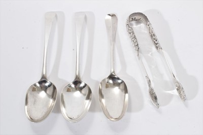 Lot 402 - Pair late William IV Irish silver sugar tongs  and three silver table spoons