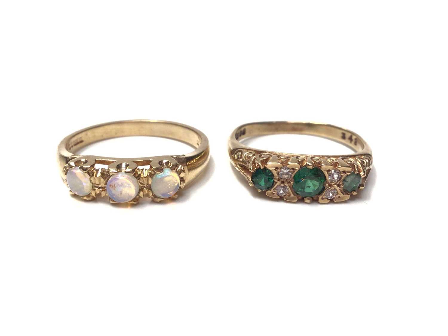 Lot 24 - 9ct gold three stone opal ring and Victorian style 9ct gold gem set ring