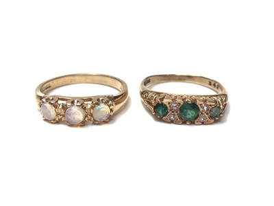 Lot 24 - 9ct gold three stone opal ring and Victorian style 9ct gold gem set ring