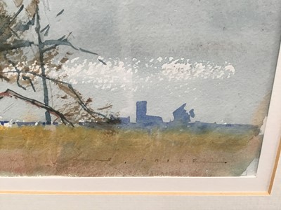 Lot 50 - British Contemporary watercolour - East Anglian landscape, signed 'Price', image 31cm x 19cm in glazed frame, 50cm x 40cm overall.
