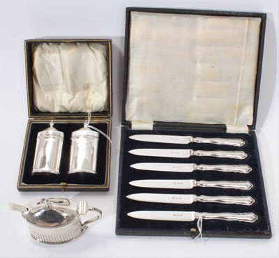 Lot 398 - Victorian silver mustard pot,  a cased set of  silver handled fruit knives and other items