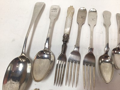 Lot 344 - Pair of Victorian silver fiddle pattern forks, together with a Georgian fiddle pattern dessert spoon, silver table spoon and other silver and plated flatware, various dates and makers.