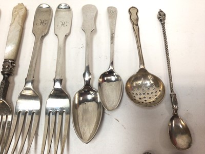 Lot 344 - Pair of Victorian silver fiddle pattern forks, together with a Georgian fiddle pattern dessert spoon, silver table spoon and other silver and plated flatware, various dates and makers.
