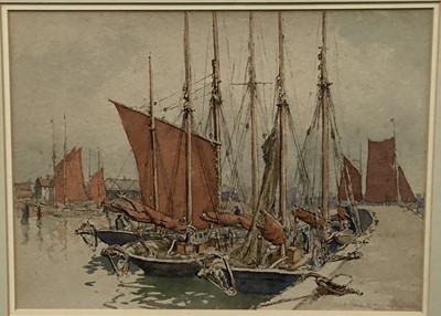 Lot 83 - Watt Milne (?) 20th century fenland watercolour - harbour scene in glazed frame
