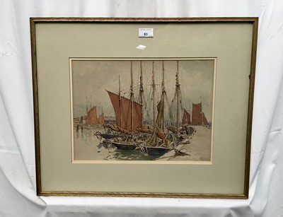 Lot 83 - Watt Milne (?) 20th century fenland watercolour - harbour scene in glazed frame