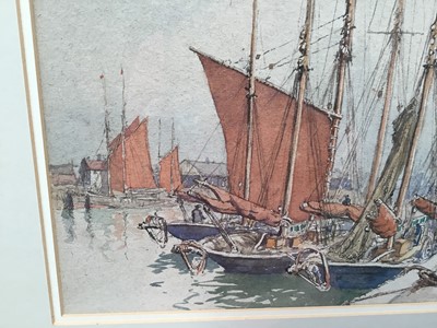 Lot 163 - Watt Milne (?) 20th century fenland watercolour - harbour scene in glazed frame